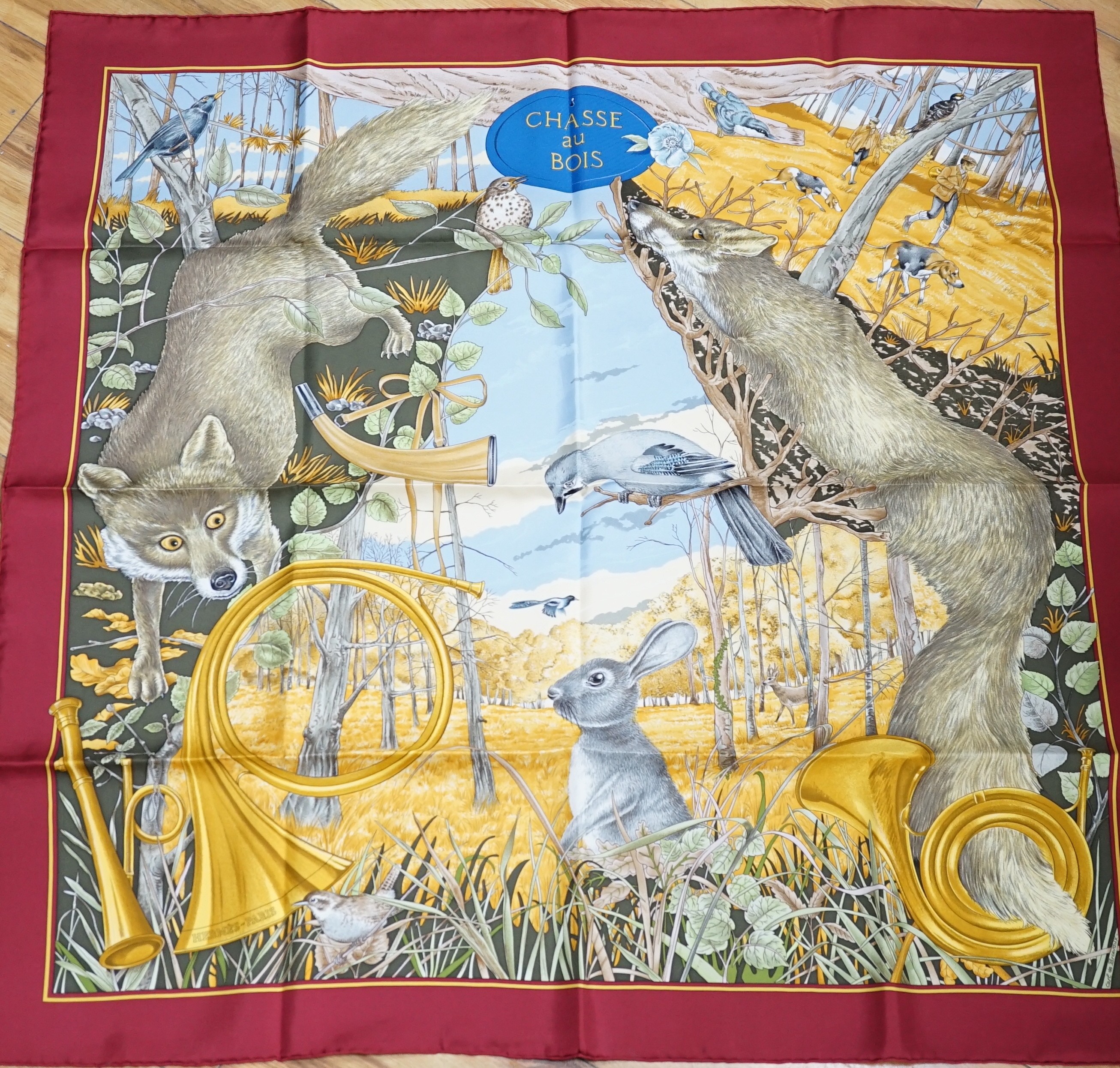 Carl De Parcevaux for Hermes, a Chase au Bois scarf, in original box